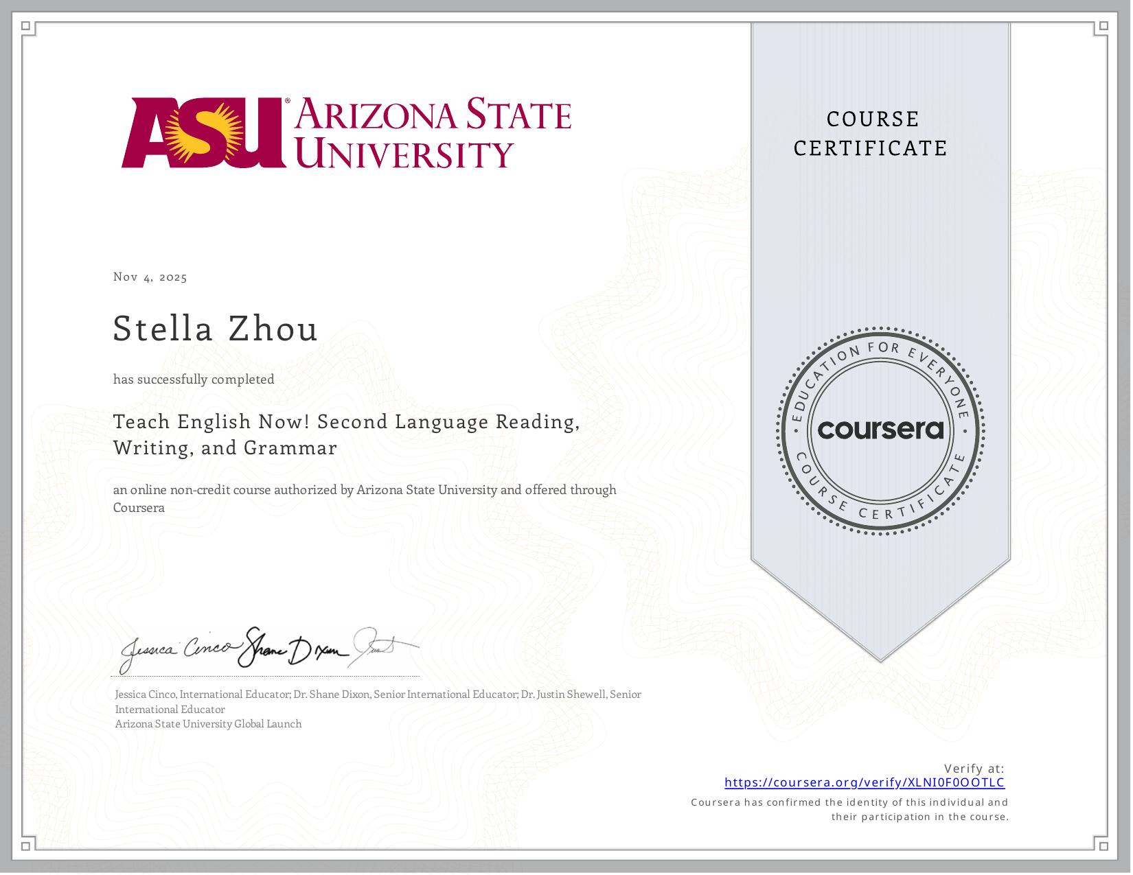 Arizona State University — Teach English Now! — Second Language Reading, Writing & Grammar